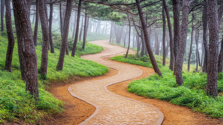 A winding pathway meanders through a lush green forest, framed by tall pine trees that reach towards a foggy sky, creating a tranquil atmosphere.の素材