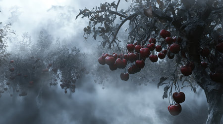 Explore a serene apple orchard shrouded in mist, with vibrant red apples gently swaying from gnarled branches. This atmospheric landscape captures the beauty of nature in a mystical setting.の素材