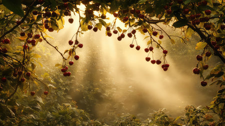 A captivating forest scene featuring vibrant red berries and luminous sunlight filtering through a lush green canopy, creating a serene and enchanting atmosphere.の素材
