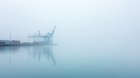 A serene scene featuring cargo cranes shrouded in thick fog over a tranquil harbor. The still water reflects an ethereal landscape, evoking calmness.の素材
