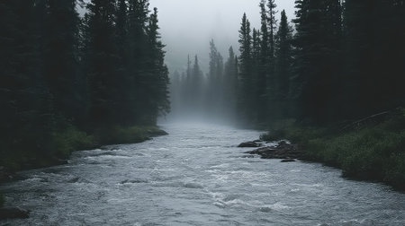 A serene river flows through a dense pine forest, enveloped in mist and fog. This tranquil landscape captures the essence of nature's beauty and stillness.の素材