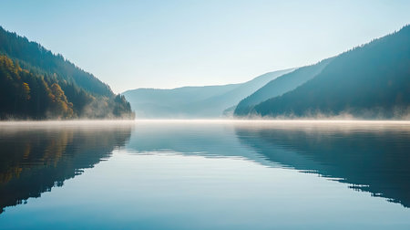 Experience the serene beauty of a misty lake nestled among majestic mountains and lush forests, captured at dawn with still water reflections.の素材
