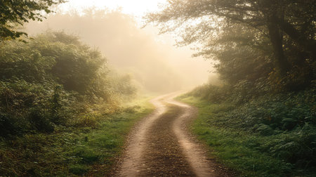 A tranquil and inviting pathway meanders through a misty forest, capturing the serene beauty of early morning light illuminating nature's wonders.の素材