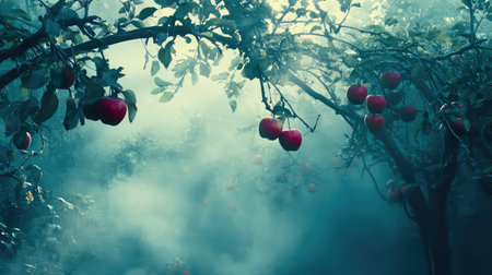 A serene orchard scene featuring vibrant red apples hanging from branches, enveloped in a soft mist, creating a dreamlike atmosphere amidst nature.の素材