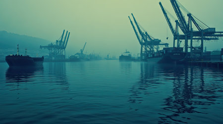 This serene harbor scene captures industrial cranes and silhouetted ships against a foggy dusk sky, reflecting on calm waters, evoking tranquility and industry.の素材