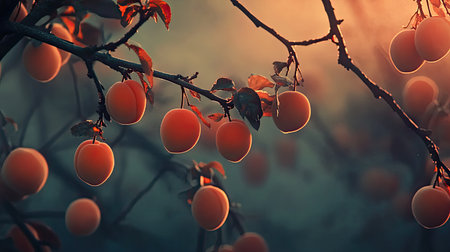 A stunning capture of ripe apricots hanging from branches, illuminated by soft sunset light, creating a warm and tranquil atmosphere in nature.の素材