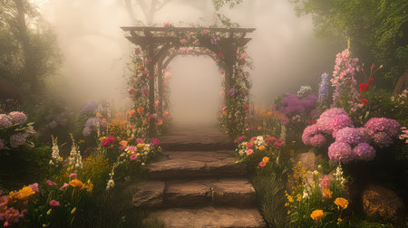 This enchanting garden pathway invites you into a serene world filled with vibrant flowers and soft mist, creating a magical atmosphere for relaxation.の素材