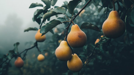 Fresh pears dangle from branches in a serene orchard, surrounded by lush green leaves. The soft fog adds a mystical touch to this picturesque scene, perfect for showcasing nature's beauty.の素材