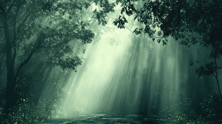 A captivating forest scene featuring soft light rays filtering through dense green leaves. The misty atmosphere enhances the serene and peaceful nature, inviting exploration and reflection.の素材