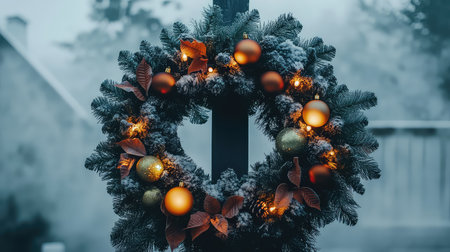 A beautifully crafted Christmas wreath adorned with shiny ornaments and glowing lights creates a festive atmosphere on a foggy winter day.の素材