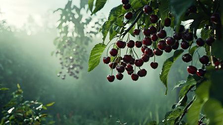 A serene scene of fresh red cherries hanging amidst lush green leaves, illuminated by soft morning light in a misty orchard, showcasing nature's beauty.の素材