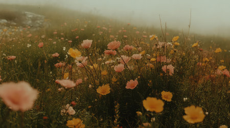 A stunning meadow adorned with colorful blooms under soft light creates a tranquil scene in early morning fog. The delicate flowers and serene atmosphere invite exploration and reflection.の素材