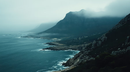 A captivating coastal scene featuring rugged mountains enveloped in fog, with gentle ocean waves lapping at the shoreline. The atmosphere is serene and contemplative.の素材