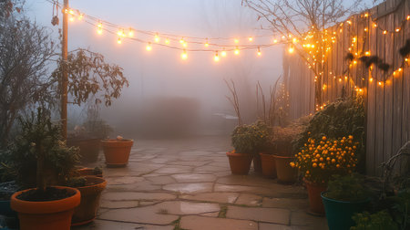 A captivating view of a serene garden path illuminated by warm string lights amidst a foggy evening, showcasing vibrant flower pots and natural beauty.の素材