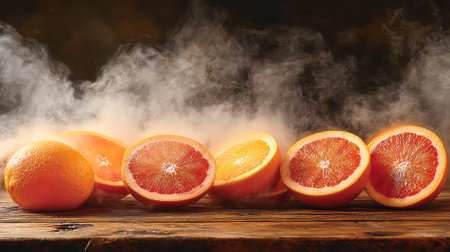 A visually striking display of fresh oranges, sliced and arranged on a rustic wooden surface, complemented by a mist of steam, highlighting the vibrant colors.の素材