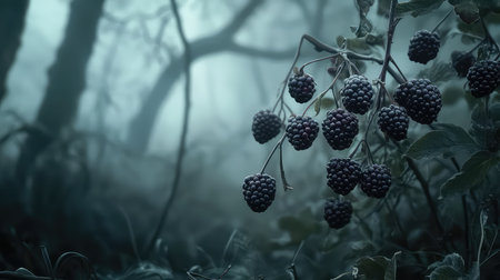 Enchanting scene featuring ripe blackberries hanging in a mysterious foggy forest. The lush green foliage contrasts beautifully with the dark berries, creating an ethereal atmosphere.の素材