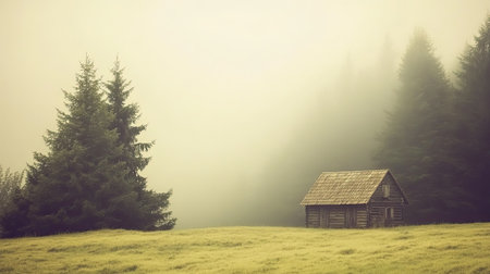 A charming wooden cabin stands alone in a foggy landscape, surrounded by tall evergreen trees. The serene atmosphere invites peaceful reflections and adventures in nature.の素材