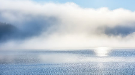 A breathtaking view of a misty lake at sunrise, featuring soft fog and shimmering reflections. This serene landscape evokes tranquility and peace, inviting viewers to connect with nature.の素材