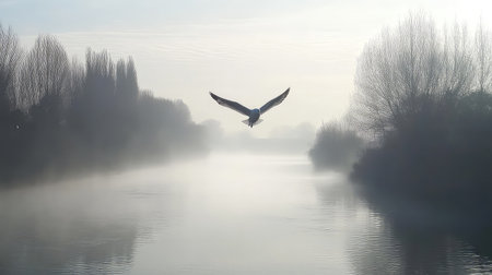 A tranquil morning scene showcasing a bird in flight over a misty river, surrounded by trees and a soft fog. This serene landscape captures the essence of nature's beauty.の素材