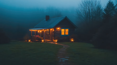 A charming log cabin illuminated by warm lights appears through the fog in a tranquil forest setting at dusk, creating a serene retreat.の素材