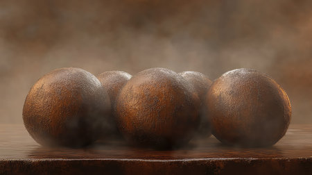 This captivating image features a group of textured brown spheres resting on a wooden surface, surrounded by a soft atmospheric fog. The lighting enhances the organic beauty and elegance of the scene, making it ideal for artistic and design projects.の素材