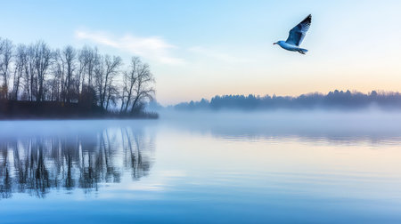 This tranquil scene captures a foggy lake at dawn, with silhouetted trees and a bird soaring above. The serene atmosphere invites contemplation.の素材