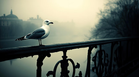 A solitary seagull perches on an ornate railing, surrounded by a foggy river landscape at dawn. The tranquil scene captures the essence of calm and solitude in nature.の素材