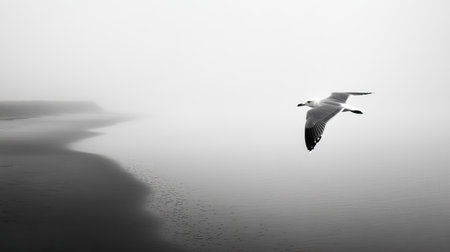 A striking black and white image featuring a seagull in flight over an ethereal, misty water surface, evoking feelings of peace and solitude.の素材