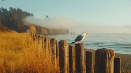A beautiful morning scene captures a seagull perched on a wooden fence, surrounded by a tranquil coastal landscape with fog rolling over cliffs and waves lapping gently at the shore.の素材