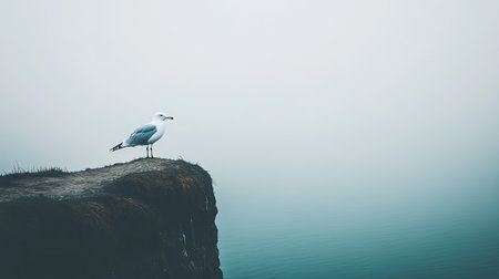 A solitary seagull stands on a cliff edge, gazing out over a foggy ocean. The serene scene captures the essence of solitude in nature.の素材