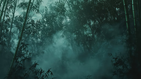 Experience the enchanting allure of a bamboo forest enveloped in mysterious fog, showcasing lush greenery and a serene atmosphere perfect for nature lovers.の素材