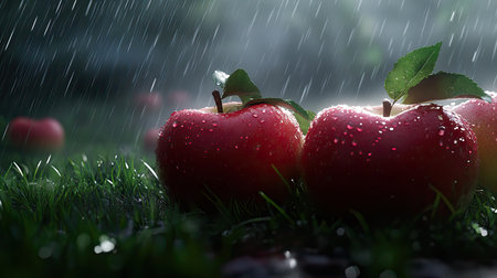 A serene composition featuring red apples adorned with glistening raindrops set against a lush green field, capturing the essence of nature's bounty.の素材