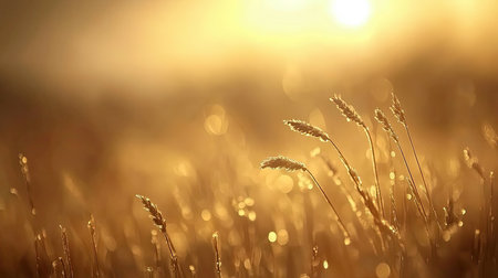 A stunning view of a golden wheat field at sunrise, showcasing the delicate details of dew on each stalk, illuminating a serene morning ambiance.の素材