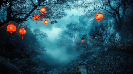 A mesmerizing night scene featuring glowing red lanterns gently illuminating a misty forest, evoking a tranquil and enchanting atmosphere perfect for nature lovers.の素材