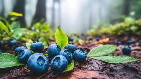 A close-up view of fresh blueberries resting on a damp forest floor, surrounded by lush green leaves and a misty background, capturing a serene nature scene.の素材