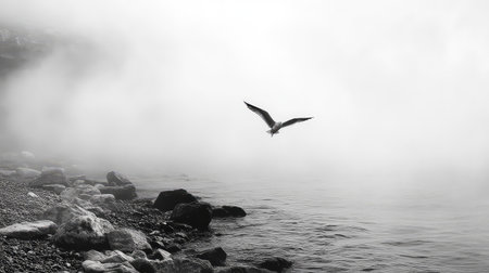 A captivating black and white image of a seagull in flight over a foggy shoreline, surrounded by stones, evoking a sense of tranquility and solitude.の素材
