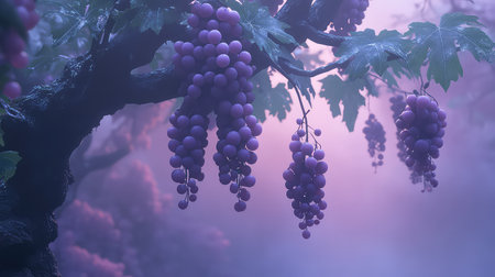 A serene landscape captures dew-covered grape clusters hanging from a vine. The morning mist and soft light create a tranquil atmosphere, showcasing nature's beauty.の素材