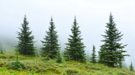 This image captures a serene forest scene featuring lush evergreen trees shrouded in gentle fog, creating a tranquil and picturesque landscape.の素材