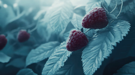 A close-up view of fresh raspberries resting on rich green leaves, illuminated by soft light. The image captures the vibrant colors and intricate textures of nature, evoking feelings of health and freshness. Perfect for food lovers and wellness themes.の素材