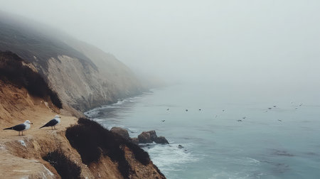 A tranquil coastal landscape featuring birds on a misty shoreline, with gentle waves lapping against the cliffs, epitomizing serenity and natural beauty.の素材
