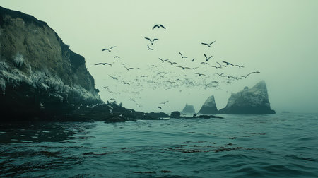 A tranquil scene of a foggy coastline where numerous birds soar above rocky outcrops, capturing the serene beauty of nature's coastal landscape.の素材