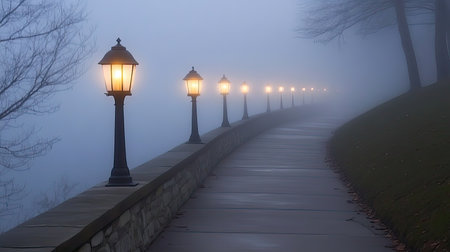 A serene pathway emerges through a thick fog, lined with charming lanterns casting a warm glow, creating a tranquil atmosphere ideal for evening strolls.の素材