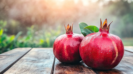 This image features two fresh pomegranates on a rustic wooden table, glistening with water droplets, surrounded by nature and soft sunlight. Ideal for food-related projects.の素材