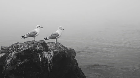 This serene black and white image captures two seagulls standing on a rock, enveloped in a soft fog over a tranquil sea. Ideal for nature lovers.の素材