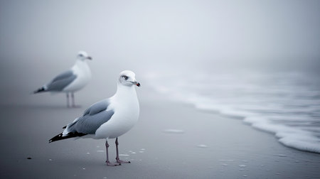 Two seagulls stand gracefully on a foggy beach, surrounded by soft waves and a misty atmosphere. The serene setting captures the tranquility of coastal wildlife.の素材