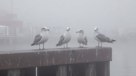 A serene image capturing four seagulls resting on a weathered pier in the midst of fog. The tranquil atmosphere highlights their natural behavior in a coastal setting.の素材