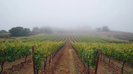 A serene vineyard scene shrouded in fog, featuring neat rows of green grapevines stretching into the horizon, showcasing nature's calm beauty.の素材