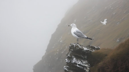 A solitary seagull stands on a rocky cliff, surrounded by misty fog and a dramatic, serene landscape. The soft gray tones and ethereal atmosphere create a tranquil scene.の素材