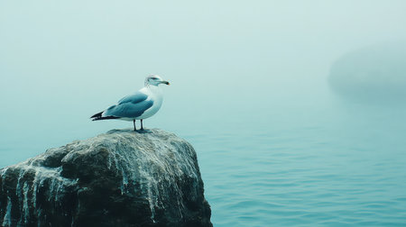 A solitary seagull perches on a rock, surrounded by a misty atmosphere over calm waters. The soft blue tones create a serene coastal scene, evoking tranquility.の素材