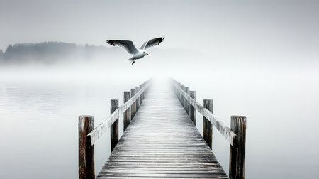 A serene foggy scene captures a wooden pier stretching into tranquil water, with a seagull soaring gracefully above. The atmosphere evokes calmness and solitude.の素材